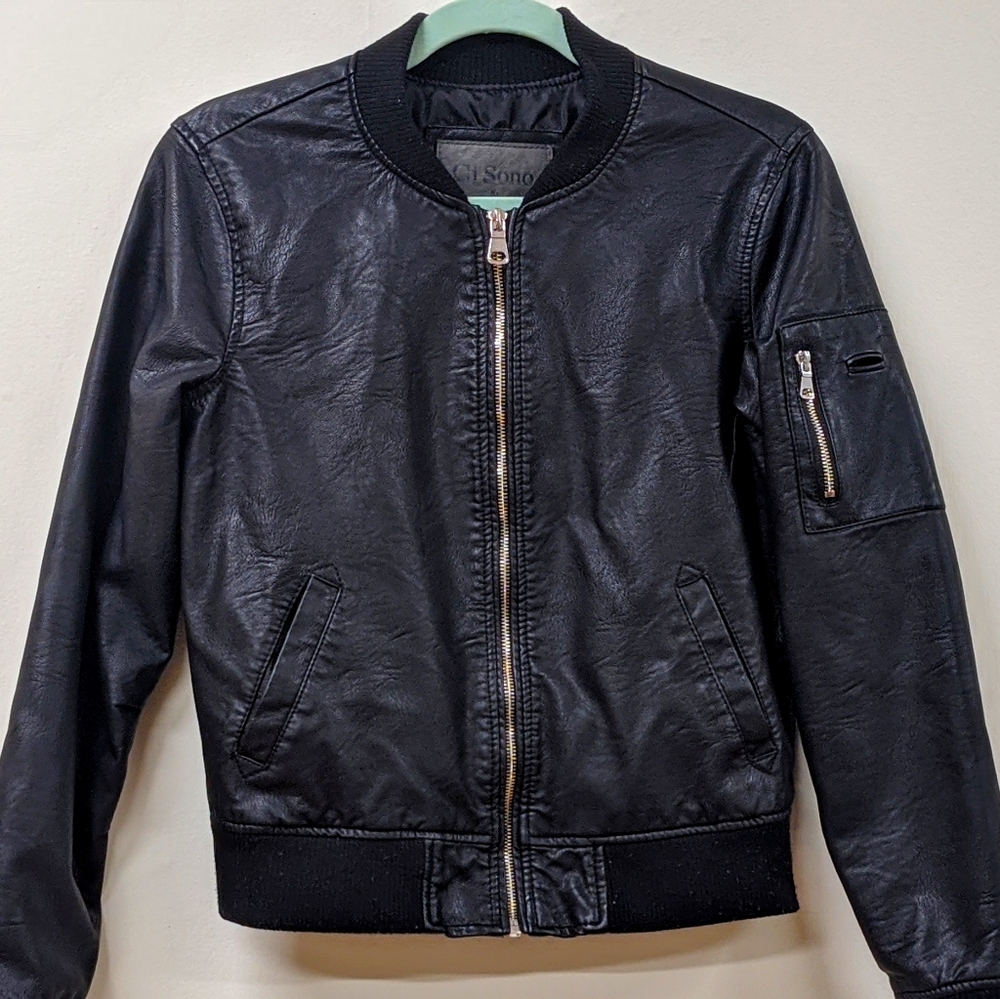Black Faux Leather Bomber (M)